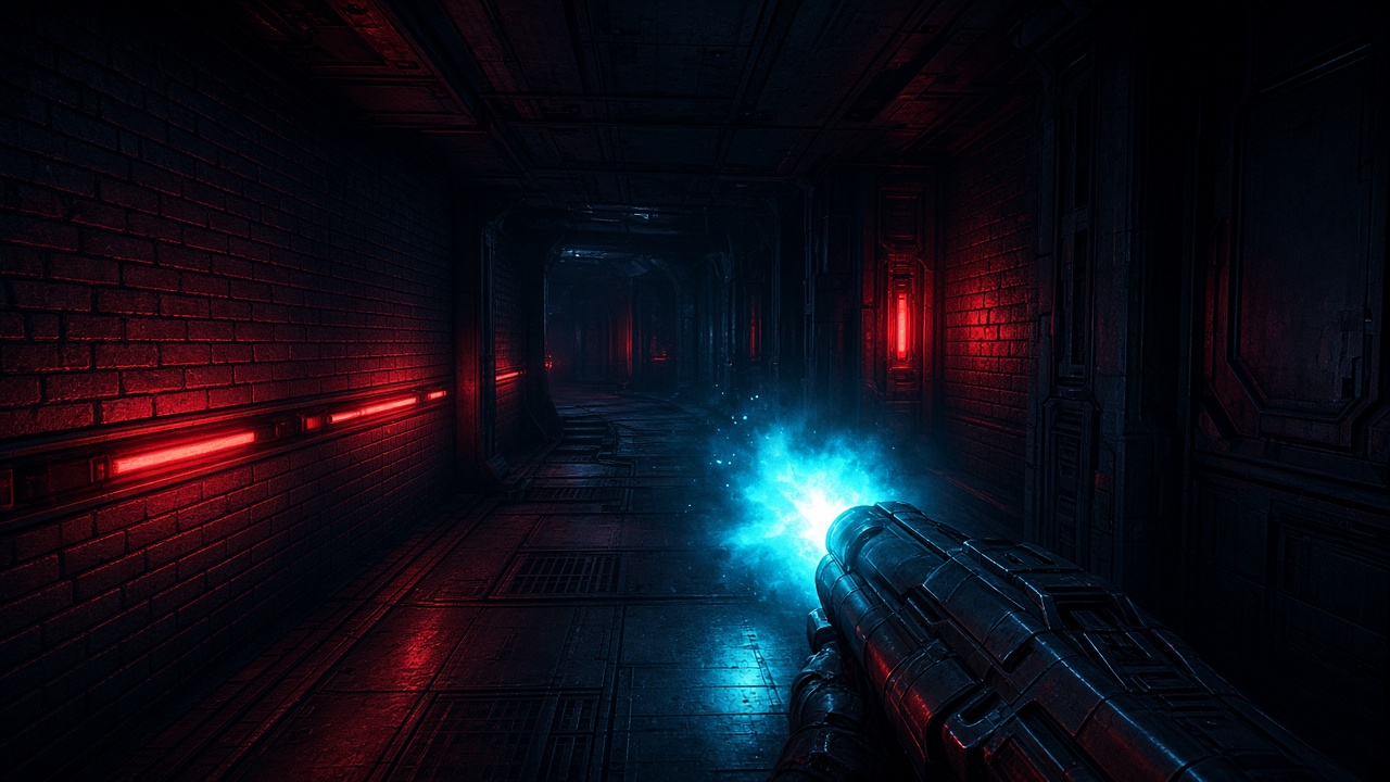 Abstract first-person corridor inspired by Jev Doom demos